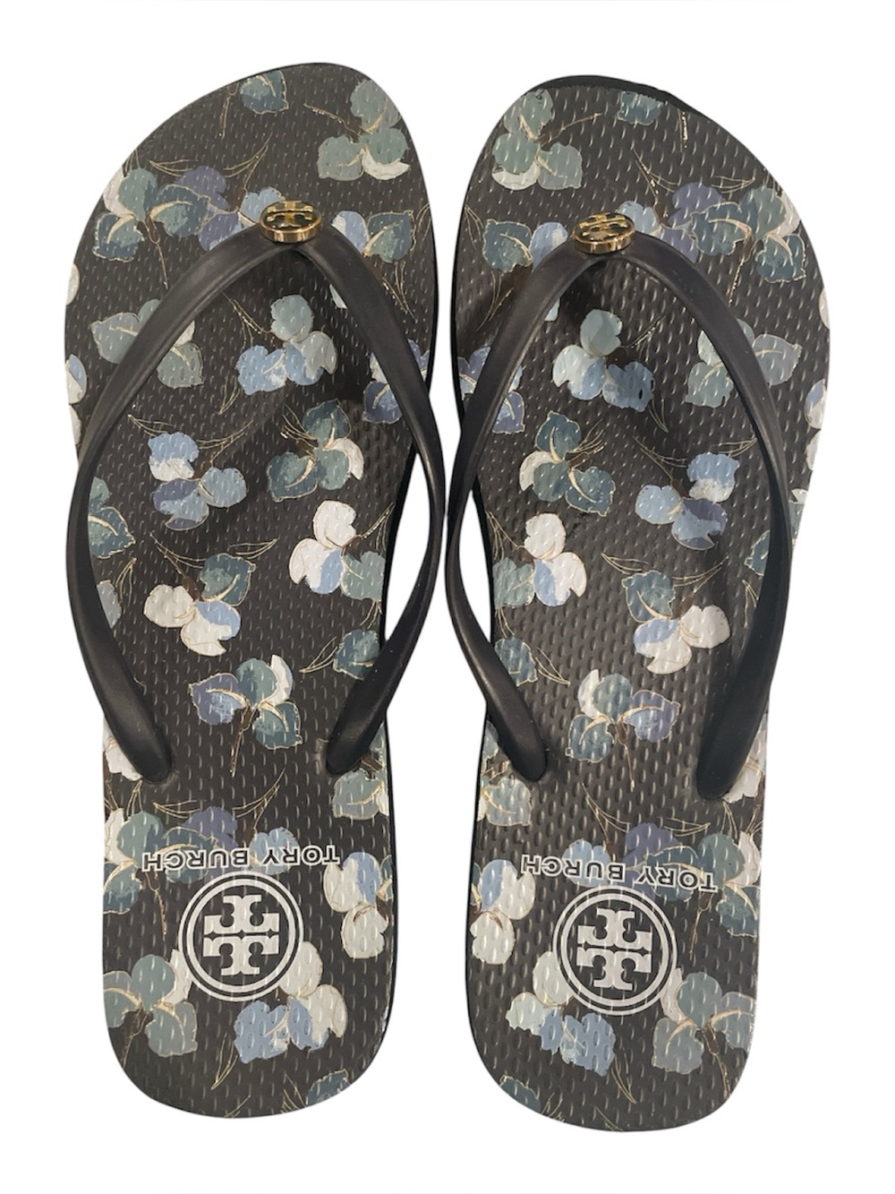 Tory Burch Thin Flip Flops Navy Blue Floral with Gold T Medallion Size 10